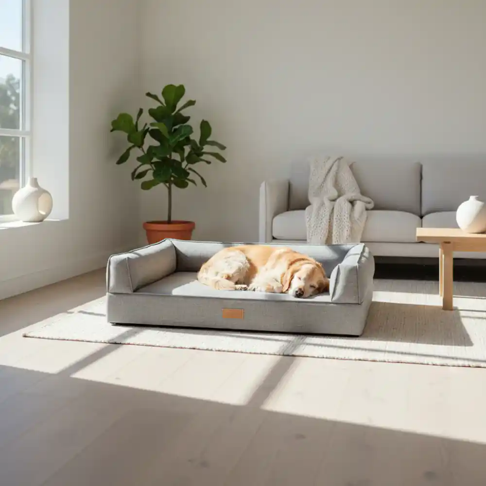 Large orthopedic memory foam dog bed in a sunlit room