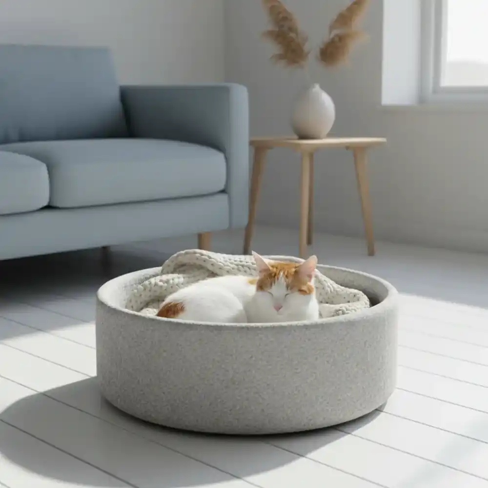 A calm cat curled up in a high-walled cozy bed