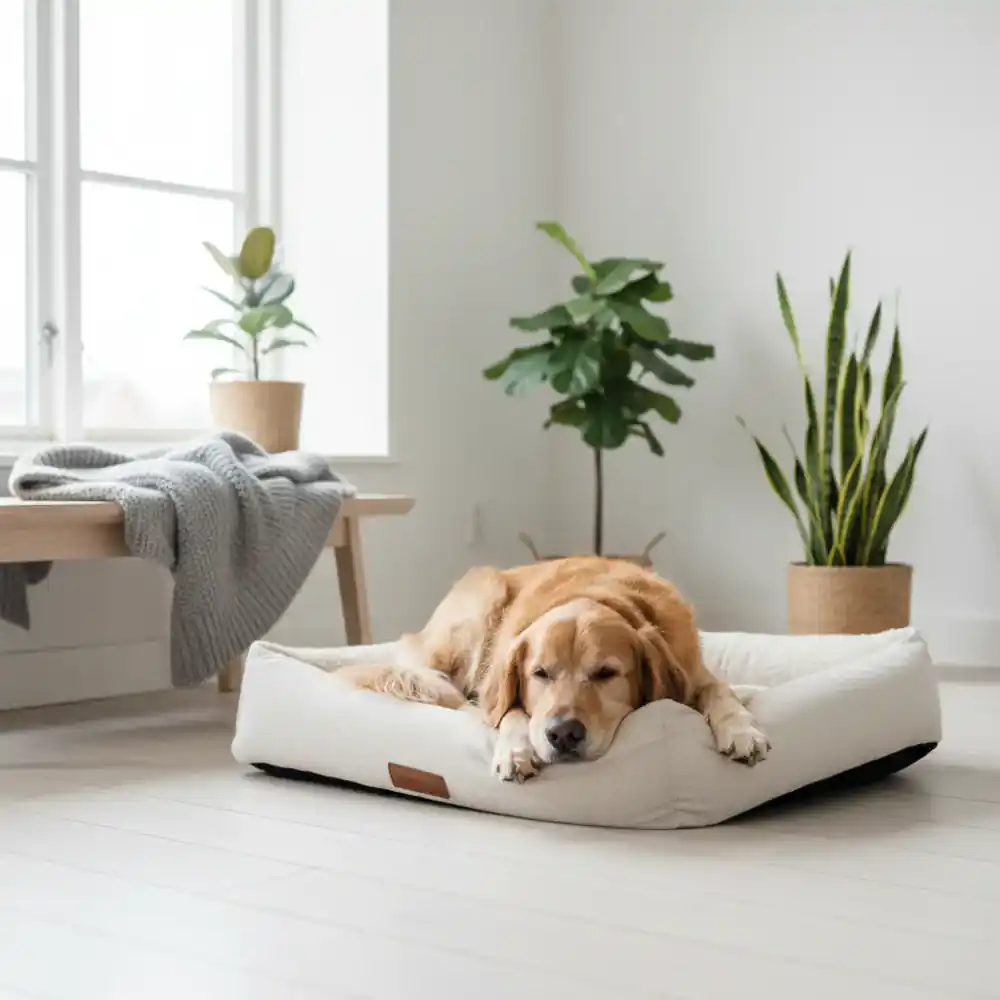 A relaxed golden retriever resting on a memory foam bed