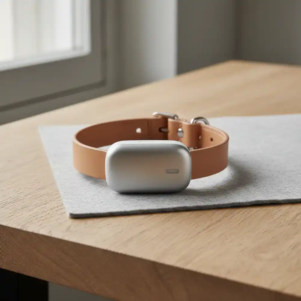 Sleek, minimal smart activity tracker attached to a soft leather collar