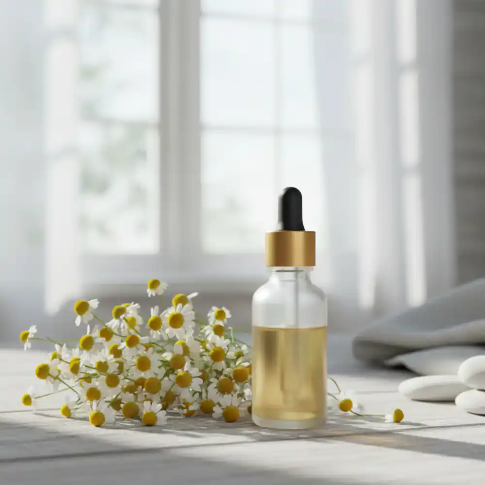 Glass dropper bottle of natural calming oil next to chamomile flowers