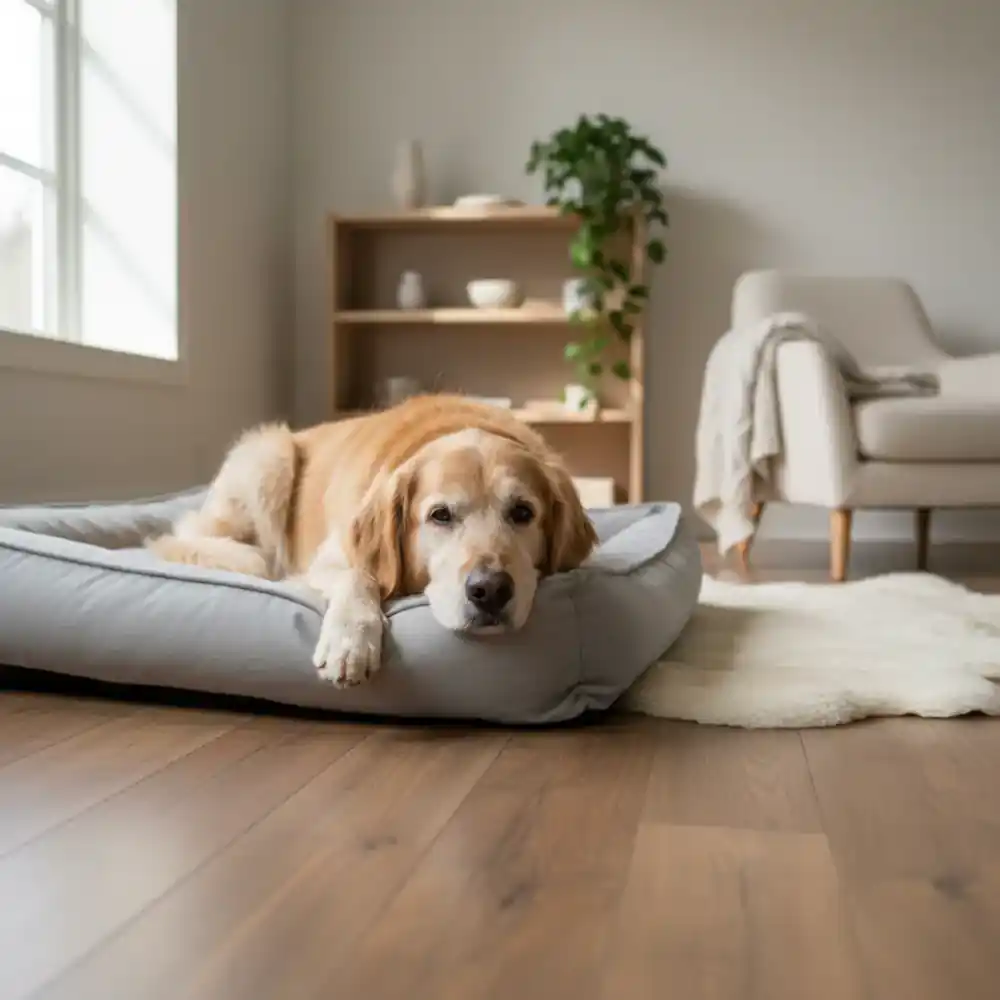 An older golden retriever resting calmly on an orthopedic bed
