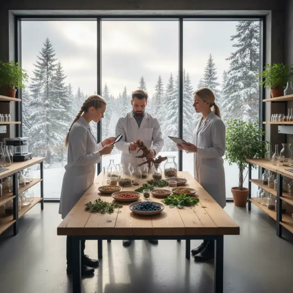 Botanists and veterinarians inspecting natural ingredients