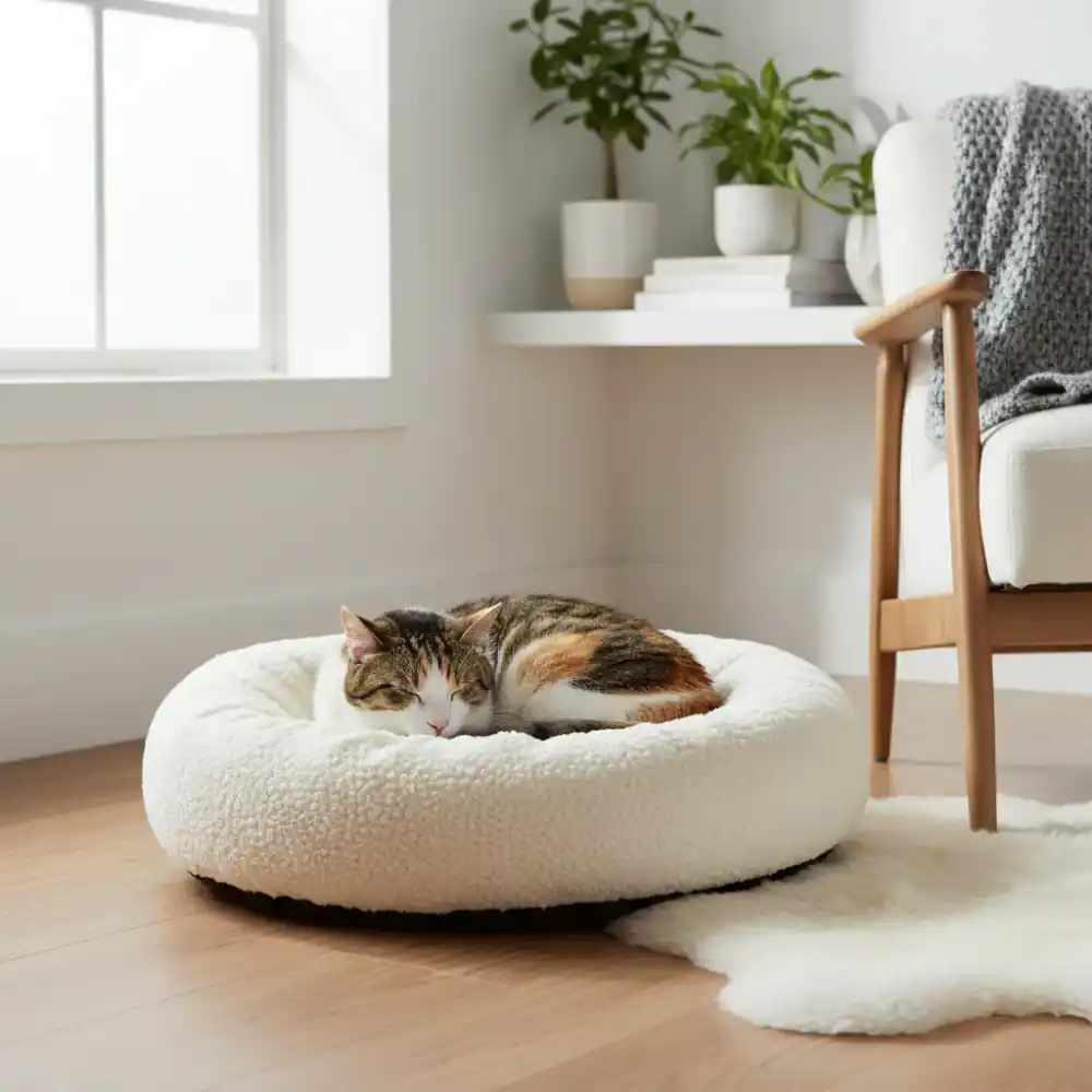 A cat curled perfectly in an orthopedic nesting bed