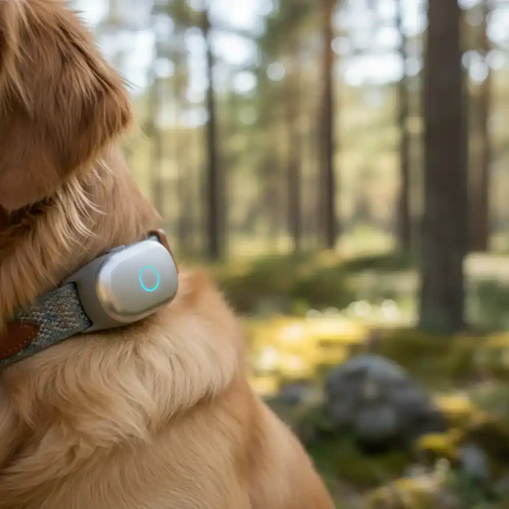 Close up of the lightweight smart activity tracker on a collar