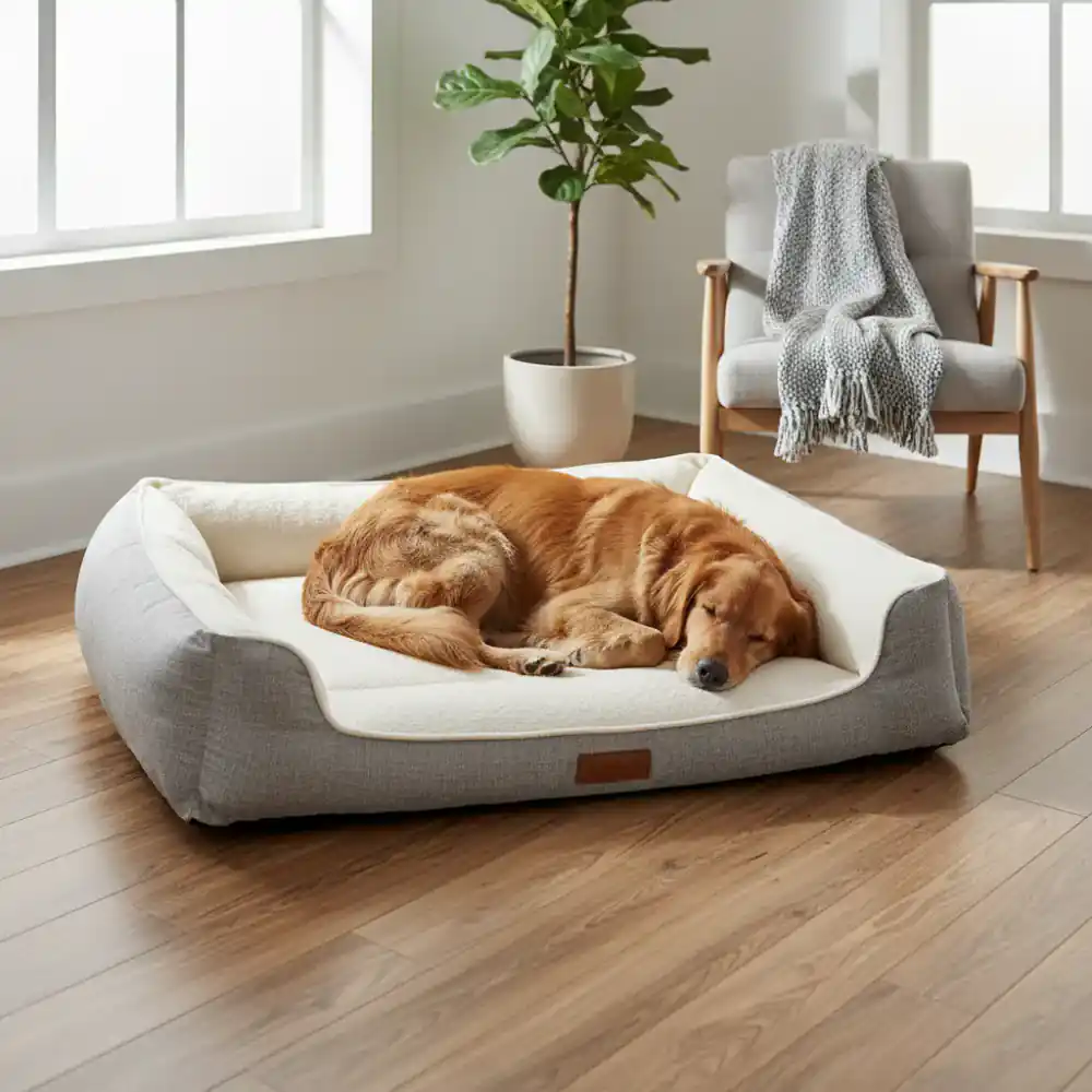 Dog resting peacefully on an orthopedic bed