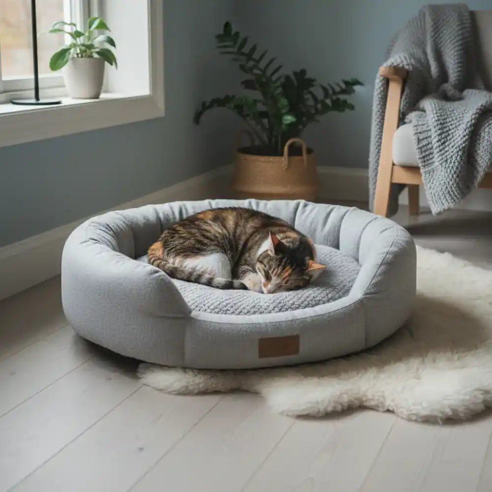 Cat sleeping soundly on an orthopedic bed