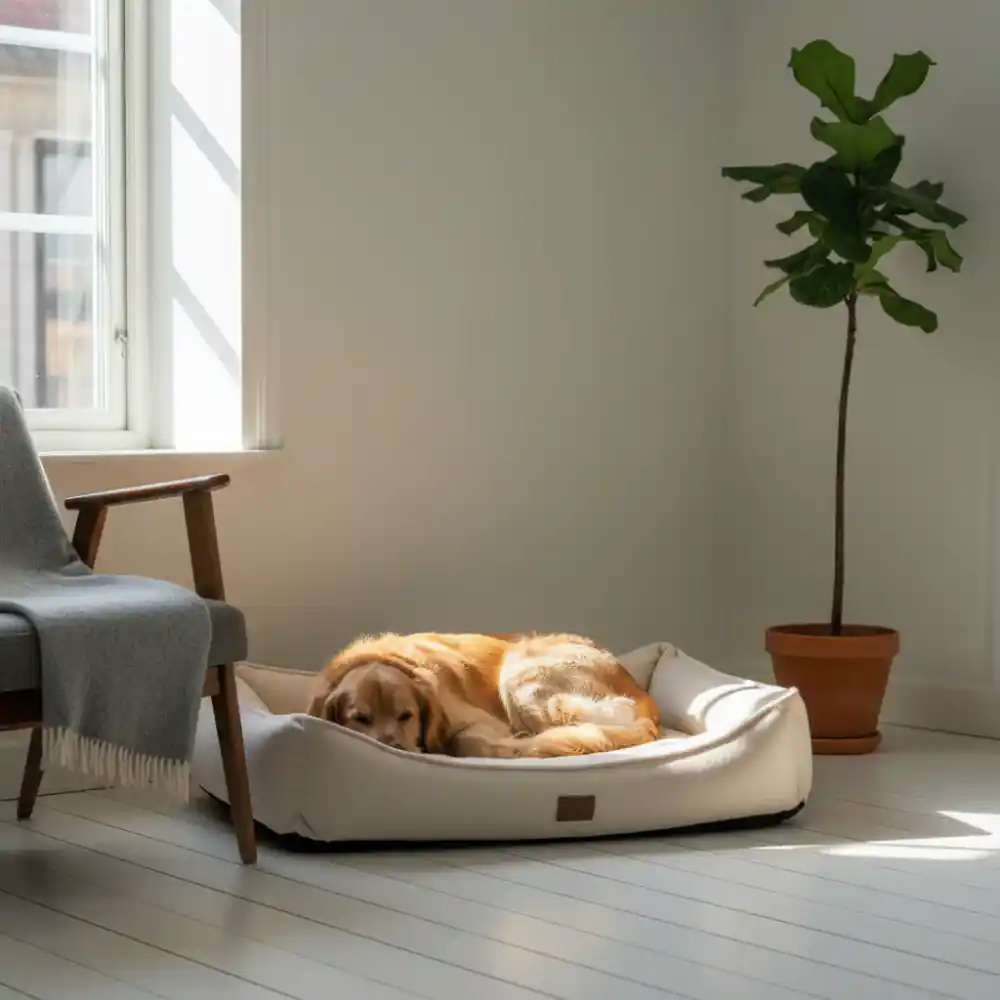 Dog resting in a sunbeam on a supportive bed